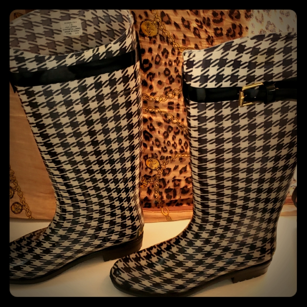 Ralph Lauren blk wht houndstooth rubber boots high